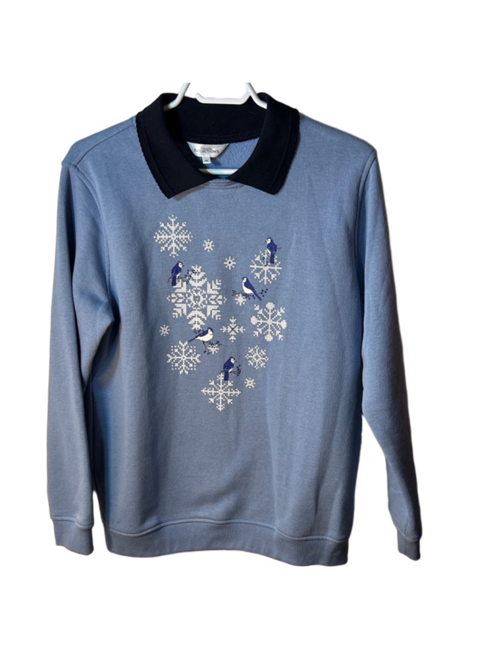 Northern reflections blue collared pullover sweater with Bluejay graphic medium